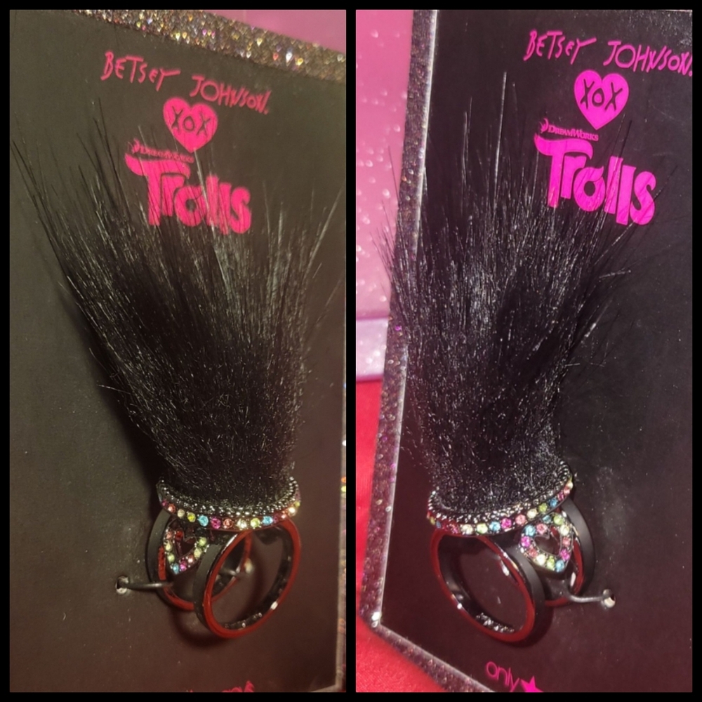 Betsey Johnson Macys 2016 Trolls gunmetal rhinestone blk hair Trolls ring 8 NWT - Picture 16 of 17